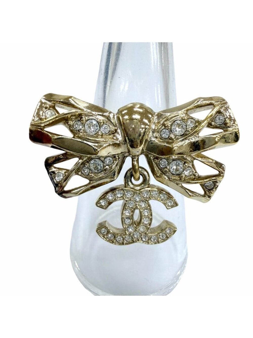 Chanel CC Logo Ribbon Rhinestone Ring Gold JP